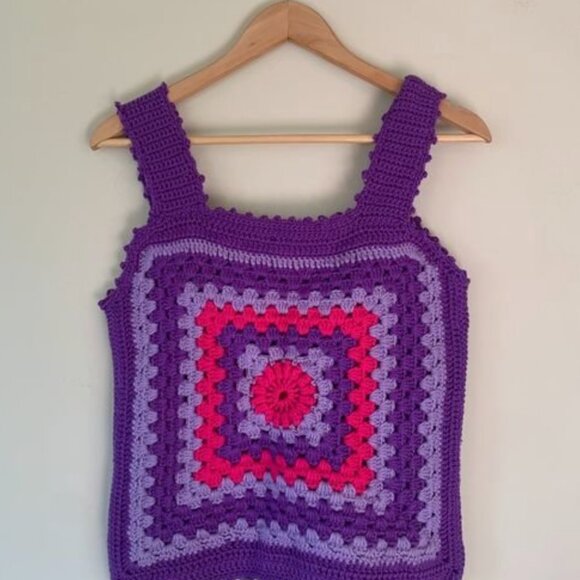 Vintage 70s Crochet Granny Square Purple Knit Top Maximalist bright vest medium - Picture 1 of 2